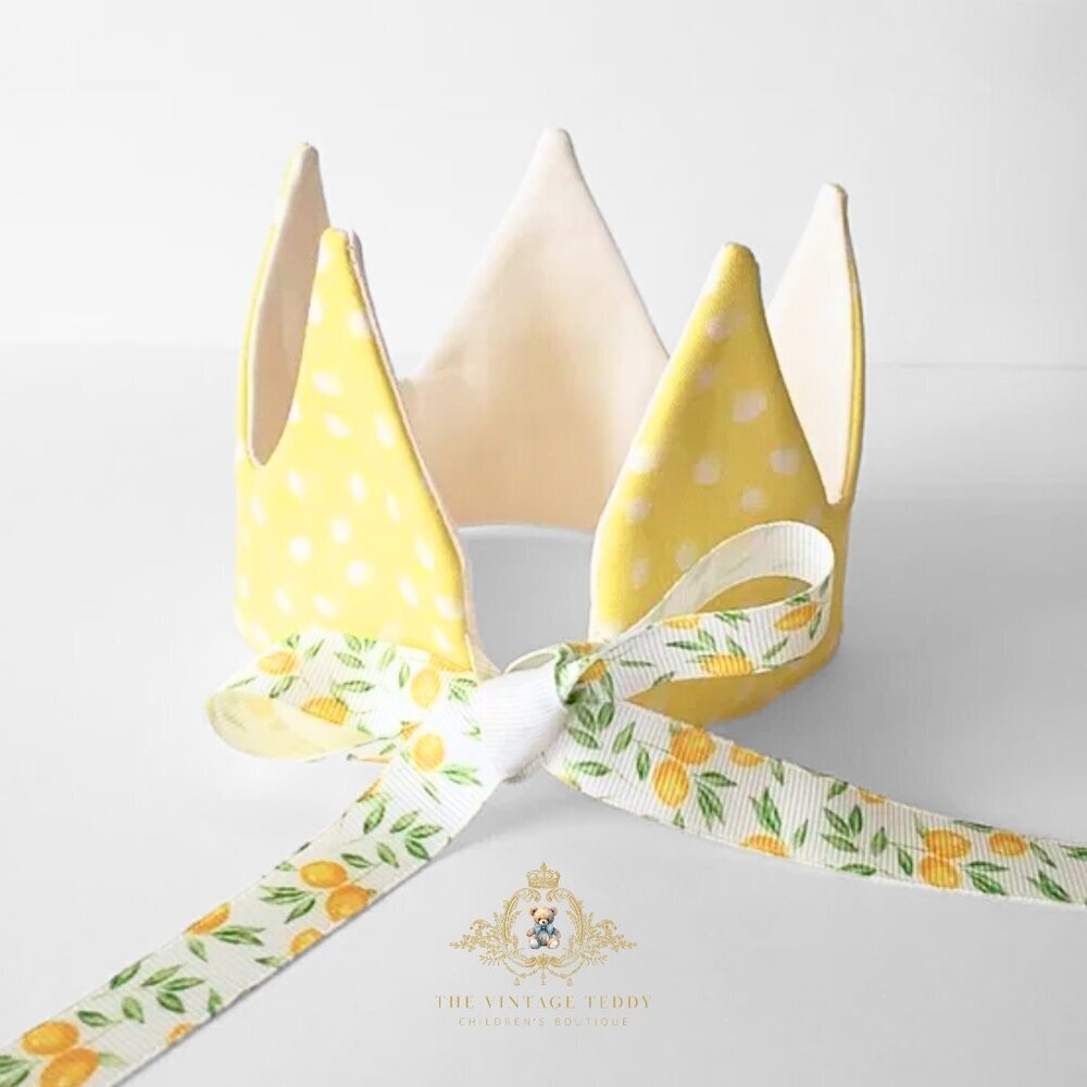 NWT Pretty Girls Handmade Happy Birthday Crown Lovely Yellow Polkadots & Lemons